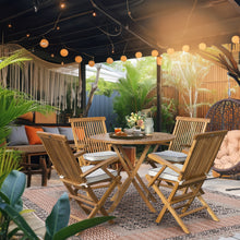 Load image into Gallery viewer, 5 Piece Teak Long Beach Patio Dining Set with 47" Round Folding Table and 4 Folding Arm Chairs