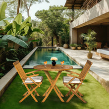 Load image into Gallery viewer, 3 Piece Teak Wood Valencia Patio Dining Set, 36" Round Folding Table with 2 Folding Arm Chairs