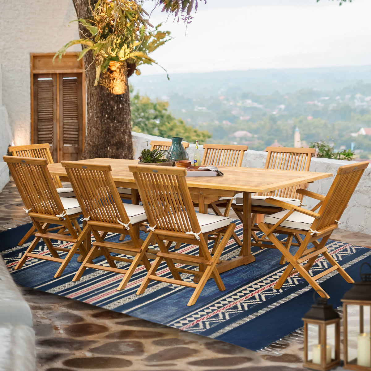9 Piece Teak Wood West Palm Patio Dining Set with Rectangular Extensio ...