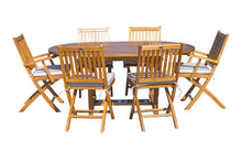 Load image into Gallery viewer, 7 Piece Teak Wood San Diego Patio Dining Set with Round to Oval Extension Table, 2 Arm Chairs and 4 Side Chairs