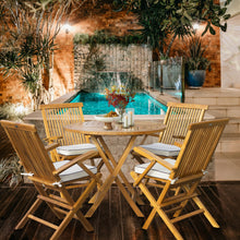 Load image into Gallery viewer, 5 Piece Teak Long Beach Patio Dining Set with 47" Round Folding Table and 4 Folding Arm Chairs