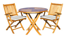 Load image into Gallery viewer, 3 Piece Teak Wood Long Beach Patio Dining Set, 36" Round Folding Table with 2 Folding Arm Chairs