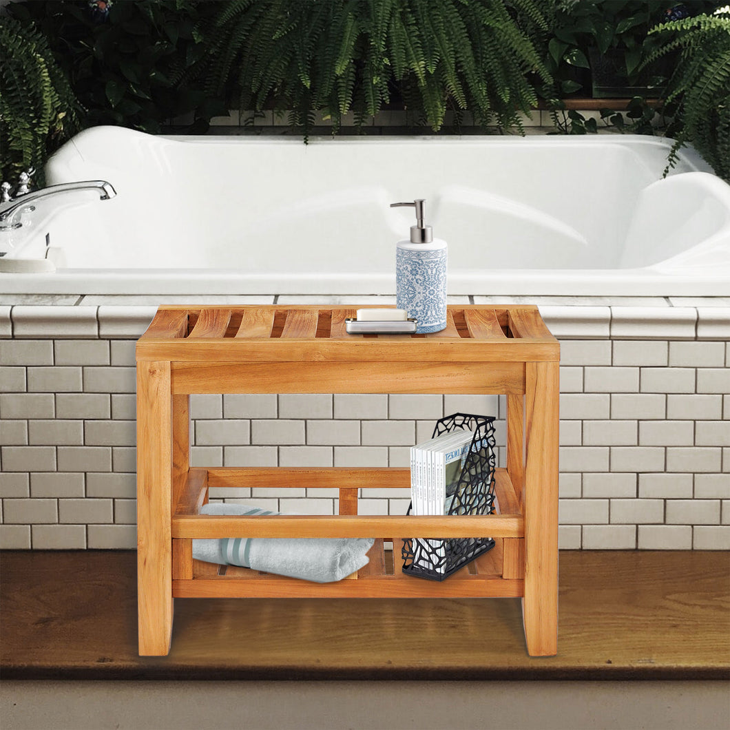 Teak Wood Malibu Shower Stool With Shelf