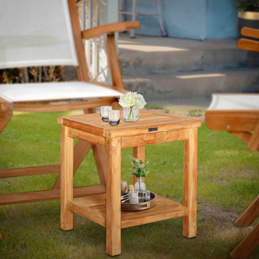 Teak Wood Panama Outdoor End Table With Shelf, small