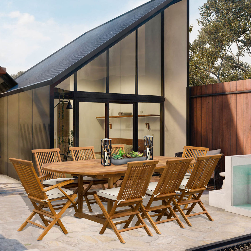 9 Piece Teak Wood West Palm Patio Dining Set with Oval Extension Table, 2 Folding Arm Chairs and 6 Folding Side Chairs