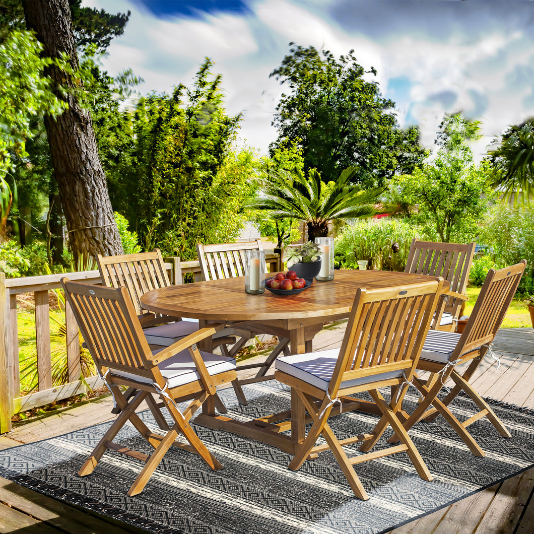 7 Piece Teak Wood San Diego Patio Dining Set with Round to Oval Extension Table, 2 Arm Chairs and 4 Side Chairs