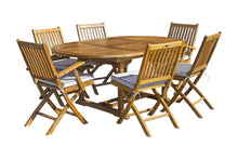 Load image into Gallery viewer, 7 Piece Teak Wood San Diego Patio Dining Set with Round to Oval Extension Table, 2 Arm Chairs and 4 Side Chairs
