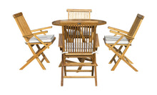 Load image into Gallery viewer, 5 Piece Teak Long Beach Patio Dining Set with 47&quot; Round Folding Table and 4 Folding Arm Chairs
