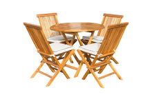 Load image into Gallery viewer, 5 Piece Teak Long Beach Patio Dining Set with 47&quot; Round Folding Table and 4 Folding Side Chairs
