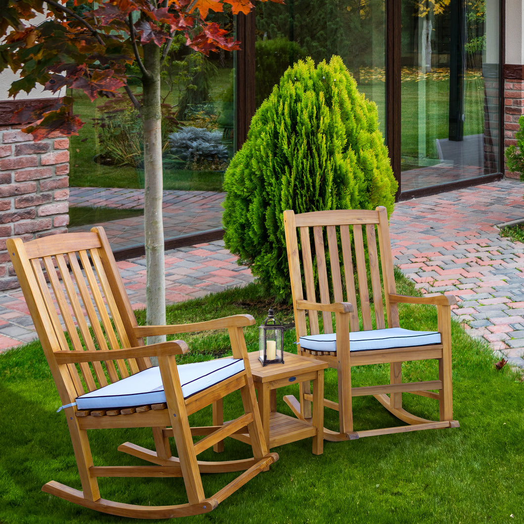 3 Piece Teak Wood Oceanside Patio Lounge Set with 2 Rocking Chairs and Side Table